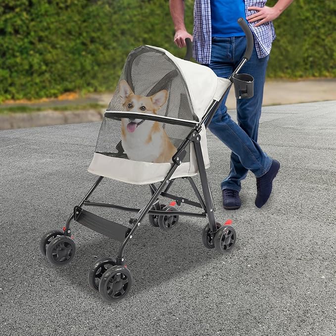 Pet Stroller, Foldable Pet Stroller with Weather Cover, Dog Cat Strolling Cart with 360° Wheels & Brakes for Small and Medium-Sized Dogs or Cats (Gray)