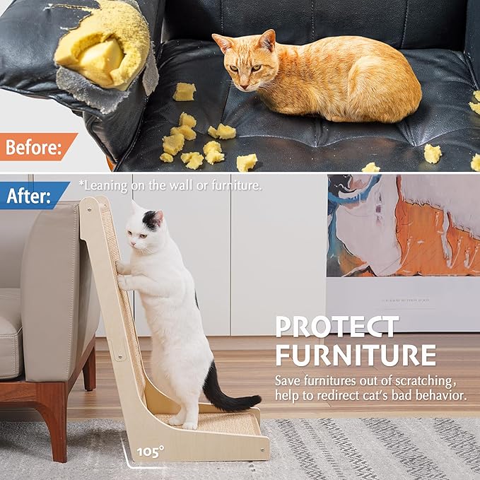 PETKARAY 105° Cat Scratcher, Sisal Kitty Scratch Pad, L Shape Scratching Board for Indoor Cats, Floor Mounted Scratcher with Mouse Toy Catnip, Chevron Style