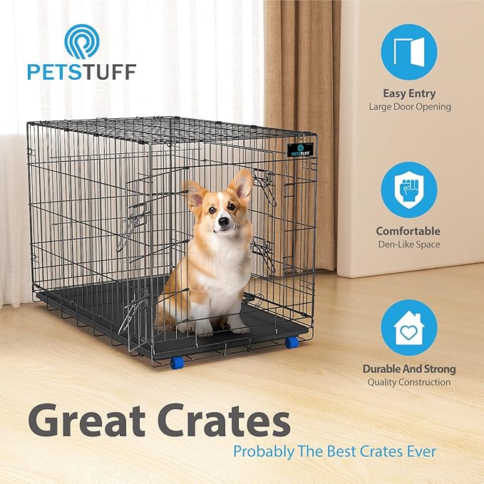 PetsTuff Great CRATES 36” Large Dog Crate - Heavy-Duty Dog Kennel with Divider Panel for Pets 40-60 lbs - Durable Leaf-Proof Tray - Foldable, Carry Handle & Wheels for Easy Moving