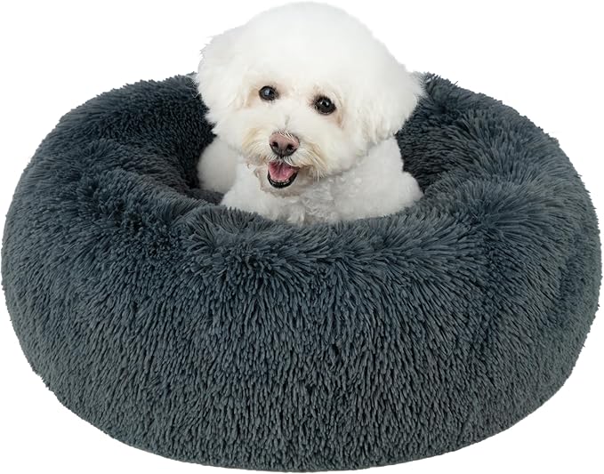 Best Pet Supplies Round Donut Dog Bed with Plush Faux Fur Fabric, Calming, Anti-Anxiety Cushion for Indoor Pets, Slip-Resistant Base, Soft Ergonomic Support - Gray, 30x30x8''