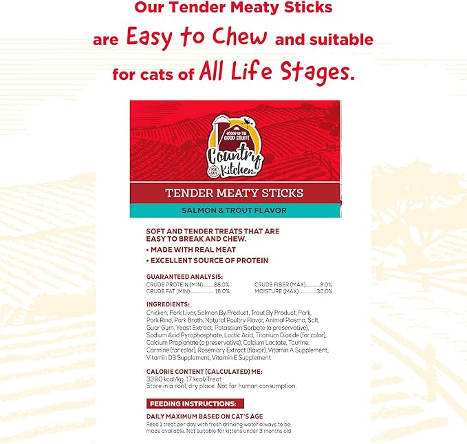 Country Kitchen Salmon & Trout Tender Meaty Sticks Cat Treats, High in Protein, Easy to Break and Chew, 0.88 Oz, 5 Count