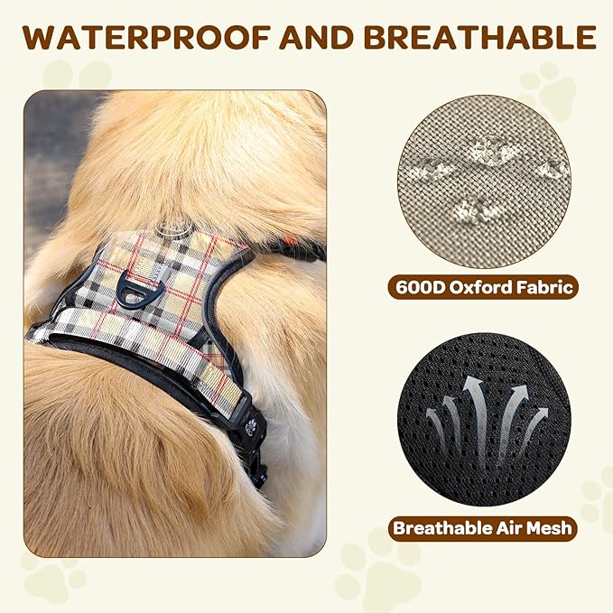 FURRYFECTION Plaid Dog Harness for Large Dogs | No Pull Reflective Pet Harness | No Choke Adjustable Dog Vest Harnesses | with Leash | Easy Control Handle | Front Lead | Seat Belt | Beige&White | L