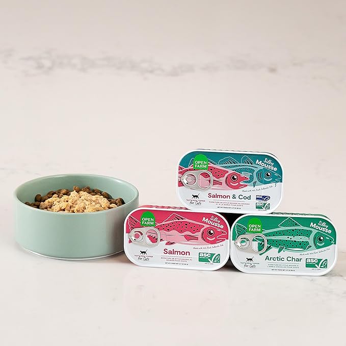 Open Farm, Canned Cat Food Topper, Silky Mousse Made with 95% Responsibly Sourced Icelandic Fish, Grain & Legume Free, Salmon & Cod Recipe, 3.17oz Cans (Pack of 17)