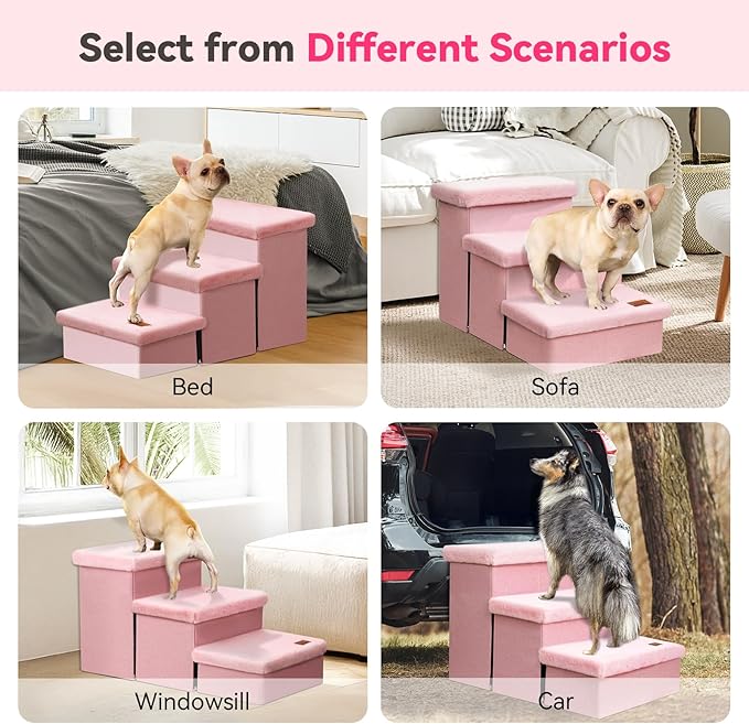 Dog Stairs with Furry Lids 18" H, 3-Step Wider Dog Steps with Storage for Small/Medium/Large Dogs Cats, Folding Sturdy Pet Stairs Climbing Bed or Sofa, Ramp for Car Hold Up to 200 lbs, Pink