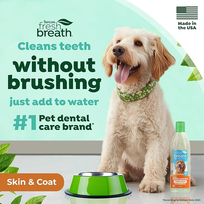 TropiClean Fresh Breath Water Additive for Dogs with Collagen, Skin Health Support for Dogs, Breath Freshener and Teeth Cleaning Solution, 16oz.