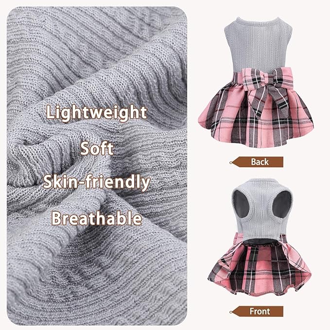 PUPTECK Classic Plaid Dog Dress Pet Apparel with Cute Bowtie Puppy Clothes Outfit,Grey,L