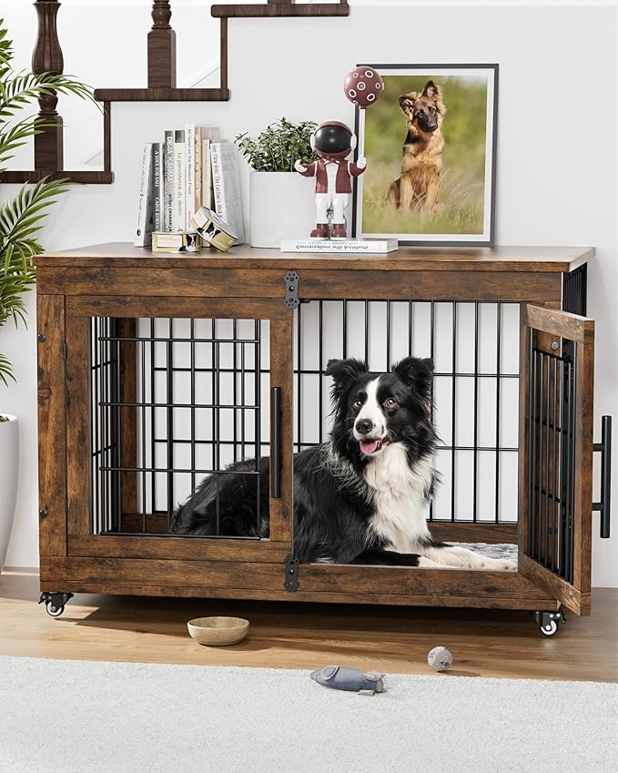 Dog Crate Furniture with Cushion Set of 2, Large Wooden Dog Kennel Indoor with Double Doors, Dog Cage with Wheels, Dog House Side End Table for Large Medium Dogs up to 70 lb, 38.5” L, Rustic Brown