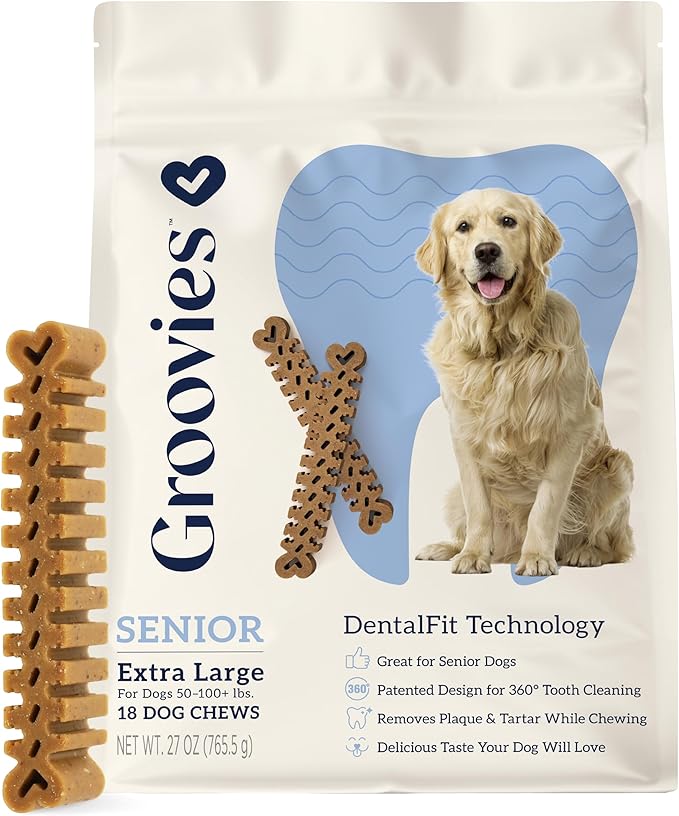 Groovies Slightly Softer, Yet Flexible Dental Chew for Senior Dogs & Delicate Chewers. Powered by USA-Patented DentalFit Tech. No Added Gluten, No Artificial Flavors or Colors. 27oz XLarge (18Chews)