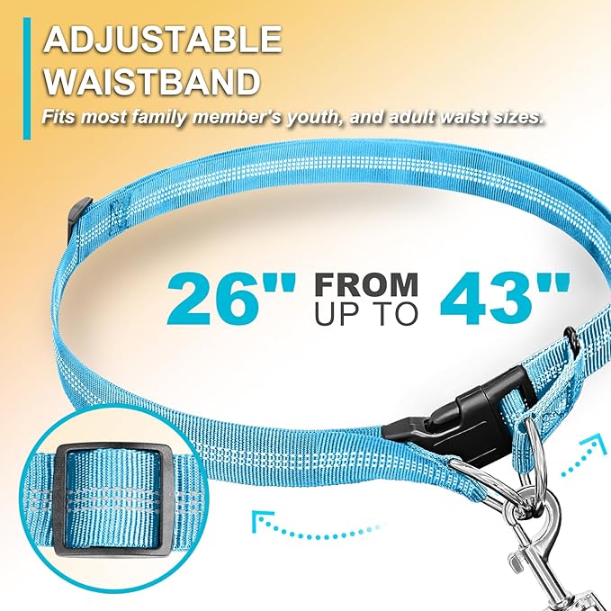 Hands Free Dog Leash, Adjustable Waist Leash for Dog Walking, Dual Handle Bungee Dog 4.2-6.7 Feet Long with Reflective Stitches for Walking Hiking Running, Fits 26"- 43" Inch Waist, Blue