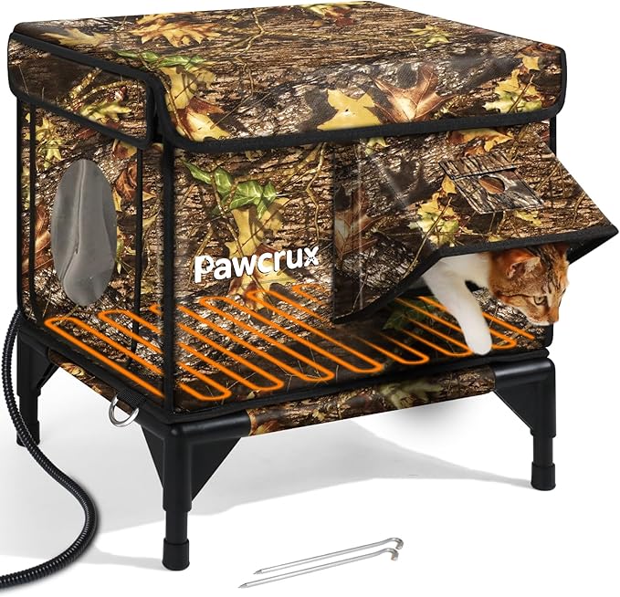 Heated Cat House for Outdoor in Winter, Insulated & Safe Escape Door & Waterproof Heated Cat Bed Shelter with Heating Pad, Warm Home for Outside Feral Barn Stray Kitty(Leaf Color, 12"x16"x16")