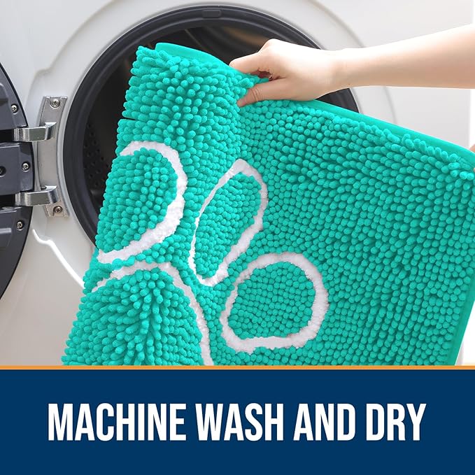 OLANLY Dog Door Mat for Muddy Paws 30x20, Paw Print Design, Absorbs Moisture and Dirt, Absorbent Non-Slip Washable Doormat, Quick Dry Chenille Mud Mat for Dogs, Entry Indoor Entryway Carpet, Teal