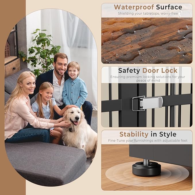 Lyromix 43'' Dog Crate Furniture with 3 Doors, XL Wooden Crate End Table Heavy Duty Indoor Puppy Cage for Medium to Large Dogs, Multiple Units Can be Combined