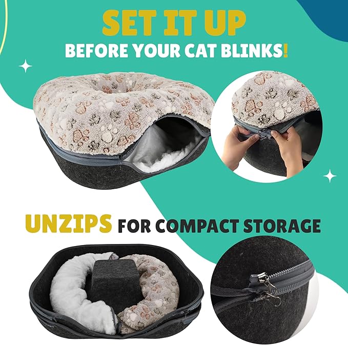 RINGTAIL Peekaboo Cat Cave - Cat Caves for Indoor Cats, Cat Donut Tunnel Bed, Kitten Beds Felt, Cat Bed Cave Large with Two Fluffy Fleece Cushion, Nest Cove Scratch-Resistant Detachable & Washable