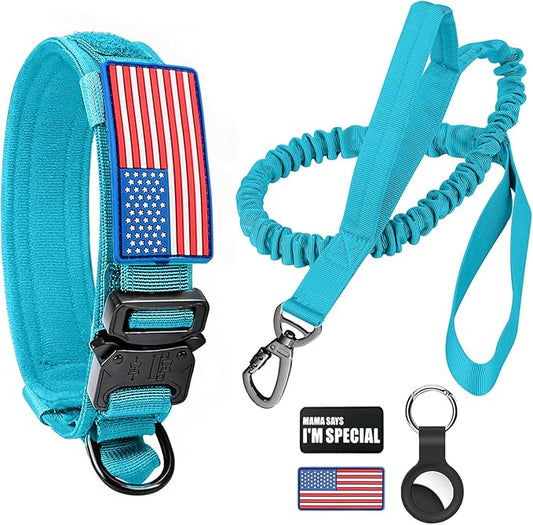 Tactical Dog Collar and Bungee Leash,Military Dog Collar & Leash Set with USA American Flag Adjustable K9 Collar with Heavy Duty Metal Buckle & Handle,with Patches and Airtags Case (Light Blue, XL)