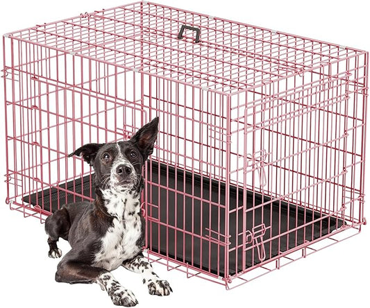 FDW Large Dog Crate 42inch Dog Cage Foldable Metal Kennel with Leakproof Tray Foldable Design Indoor Outdoor Use for Large Dogs,Pink