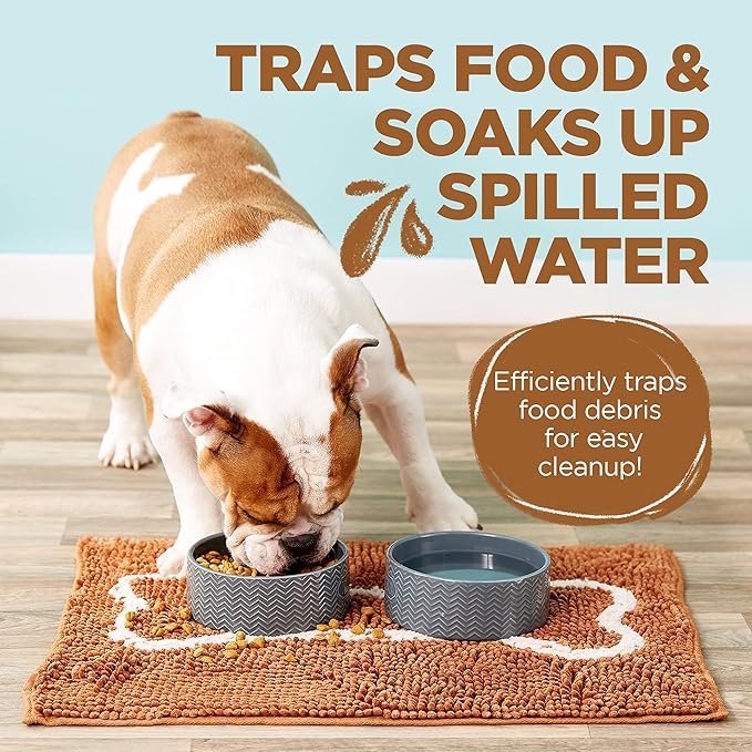 Soggy Doggy Slopmat - Water Absorbing Door Mat for Food and Water - Microfiber Chenille Rug for Muddy Paws and Messy Eaters - Machine Washable (Caramel Brown/Oatmeal Bone, 18” x 24″)