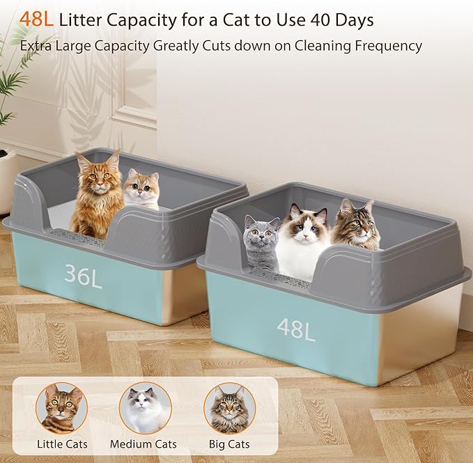 Stainless Steel Litter Box with Lid 23.6" x 15.7" x 14", XXL Litter Box - Extra Large Space with High Sides for Big Cats or Multiple Cats, Side Entry, Leak-Proof, Easy Cleaning, Grey