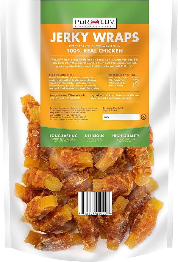 Dog Treats, Chicken & Sweet Potato Jerky Wraps, Made with Real Chicken, 16 Ounces, Rawhide Free, Healthy, Easily Digestible, Long Lasting, High Protein Dog Treat, Satisfies Dog's Urge to Chew