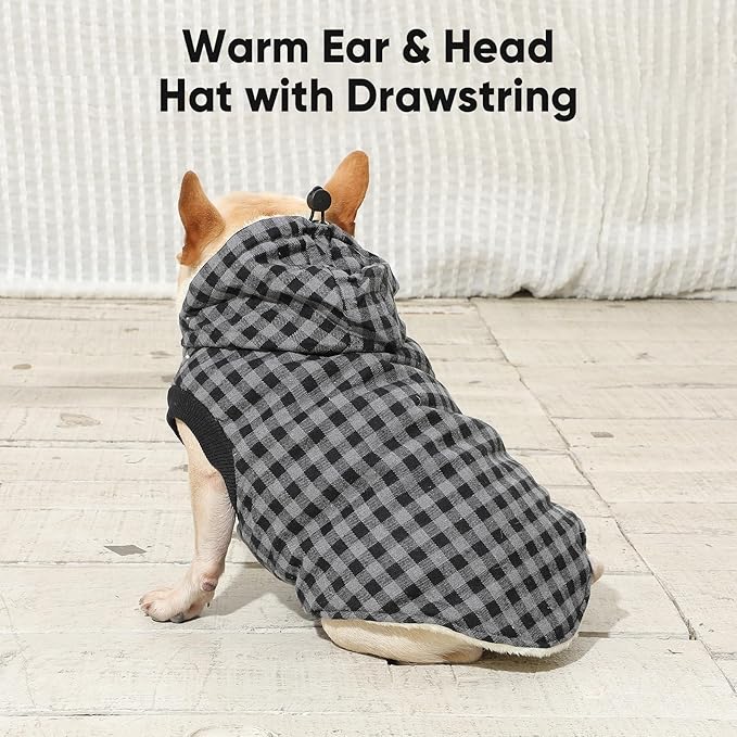 Fleece Lining Dog Hoodie for Small Dogs Extra Warm Plaid Sweater with Drawstring Hooded Coats in Winter Puppy Jacket,Black M