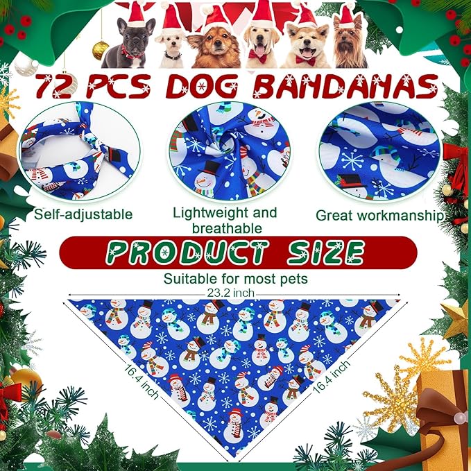 Sanwuta 72 Pcs Christmas Dog Bandana Bulk Washable Puppy Triangle Scarfs Xmas Cat Bandanas Adjustable Soft Christmas Pet Triangle Bibs Accessories for Small Medium Dogs Cats Pets Costume