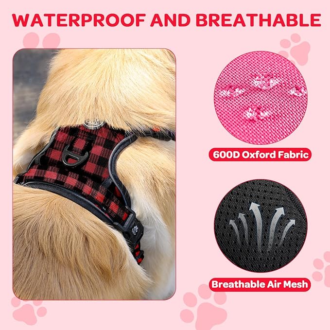 FURRYFECTION Plaid Dog Harness for Large Dogs | No Pull Reflective Pet Harness | No Choke Adjustable Dog Vest Harnesses | with Leash | Easy Control Handle | Front Lead | Seat Belt | Pink&Black| XL