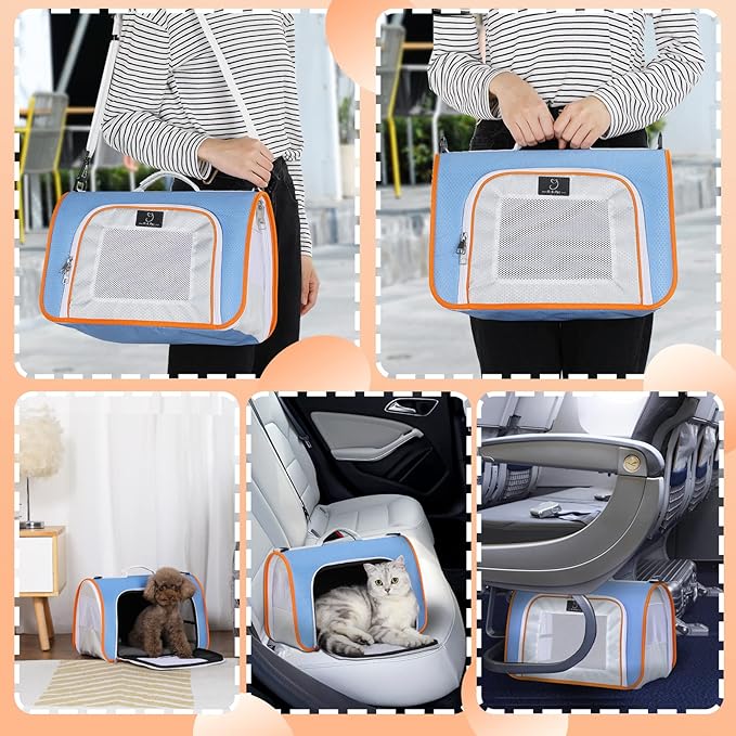 A4Pet Kitten Carrier, Airline Approved Pet Carrier for 1-12 lbs, Soft-Sided Pet Travel Carrier Blue,15.7 x 9 x 10.6, Small