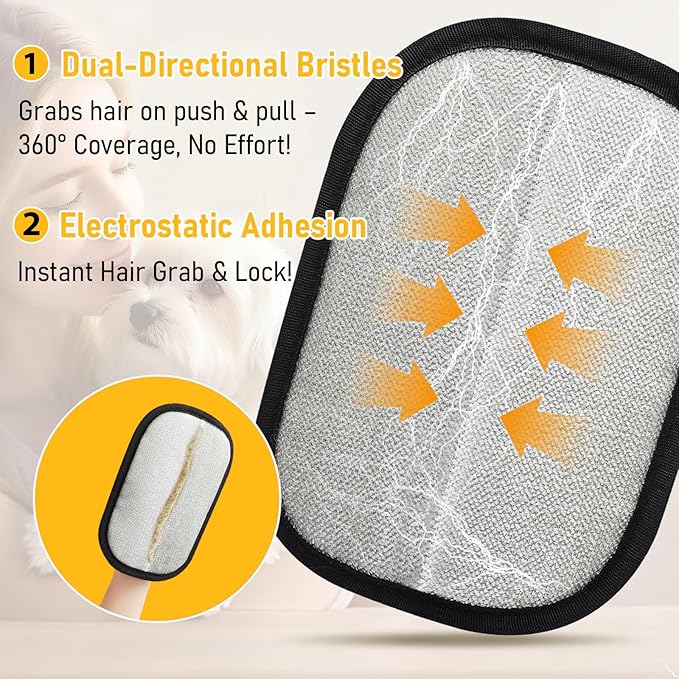 2 Pack Electrostatic Pet Hair Removal Gloves, The Magic Brush Pet Hair Remover Glove for Cats & Dogs, Massage Grooming & Hair Remover, Reusable Hair Removal Tool for Couch, Carpet, Car Seat & Clothing