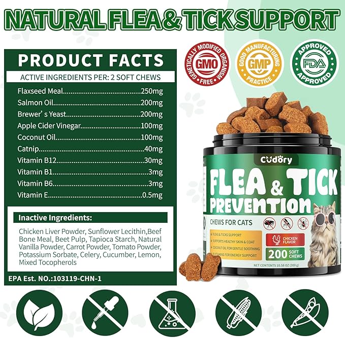 Flea and Tick Chews for Cats - 200 Soft Chews Natural Flea Tick Support for Cat All Breeds & Ages - Nourishes Skin & Coat Health - Energy Support - Chicken Flavor Soft Chew