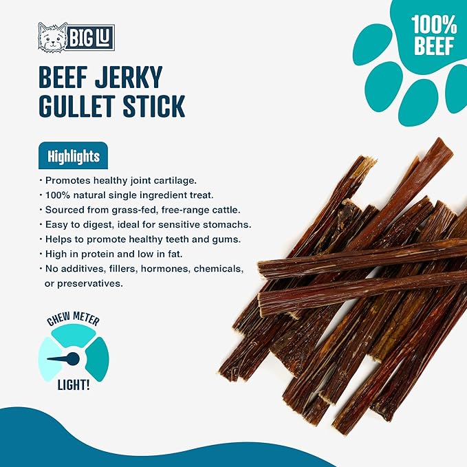 Big Lu - 6-Inch Jerky Gullet Sticks, 12 Count, All-Natural Beef Dog Chews, Grass-Fed, Free-Range, Digestible Treats with Glucosamine and Chondroitin for Joint Health, Dogs