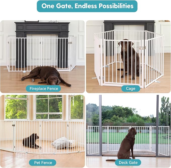 No Pawblems Free Standing Dog Gate with Door, 30'' Tall Foldable Dog Fence for Indoor & Outdoor, Up to 208 Inch Extra Wide Puppy Gate for Stairs, Hallways, Doorways, Deck, Yard (White, 8 Panels)