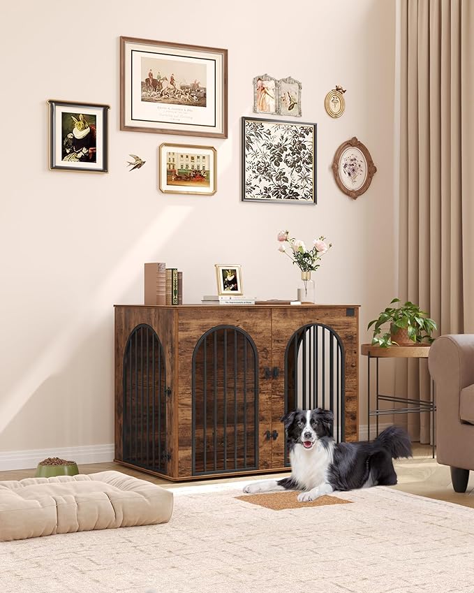 44.1" Wooden Dog Crate Furniture, Indoor Dog Kennel Dogs Cage for Small/Medium/Large Dogs, Heavy Duty Dog Crates Decorative Pet House End Side Table TV Stand, Rustic Brown DFC83901B