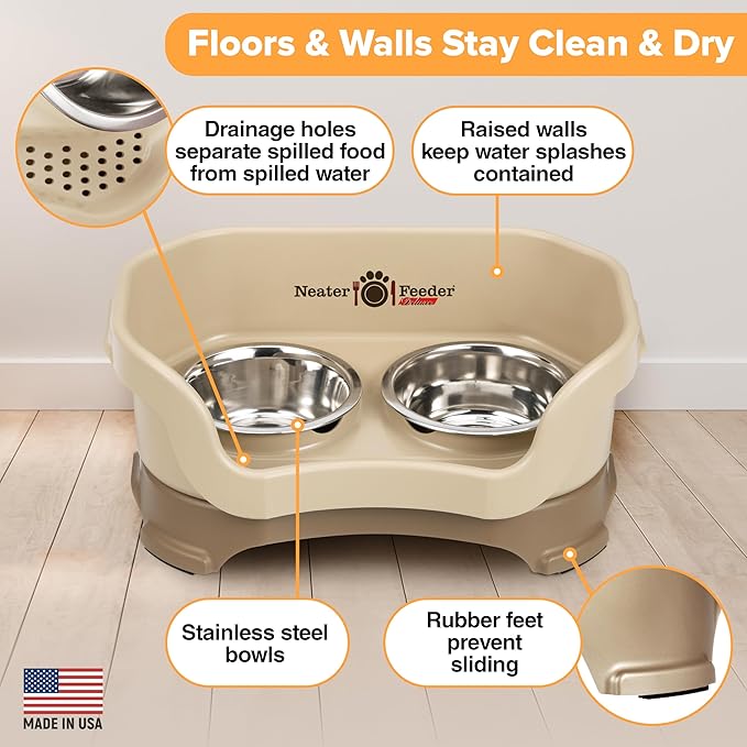 Neater Feeder Deluxe Mess Proof Cat Bowls Elevated for All Breeds – Made in USA – No Spill Raised Bowls for Indoor Cats – Stainless Steel Food and Water Bowl Set, Pet Dish Feeding Station, Cappuccino