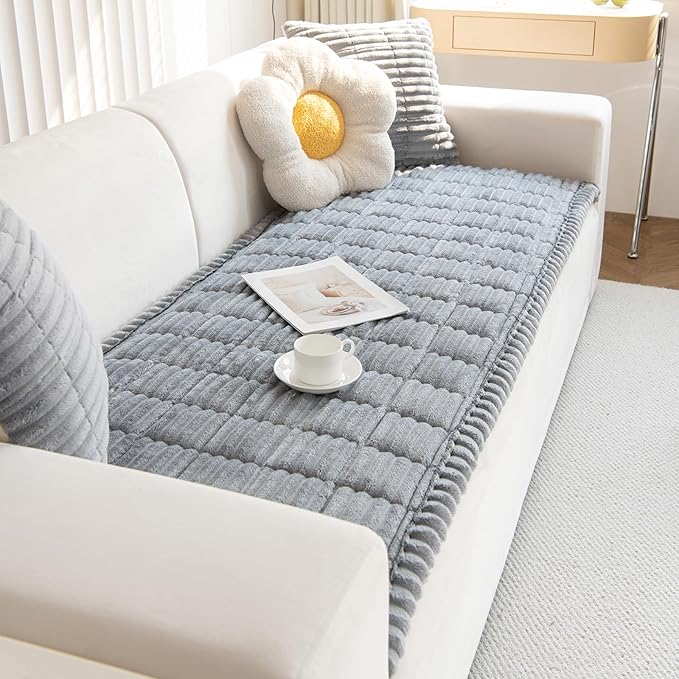 Faux Fur Plush Dog Couch Cover 3D Stripe Fuzzy Sofa Cover Non-Slip Fluffy Dog Bed Cover Pet Blanket Sofa Couch Furniture Protector for Puppy Large Dog Cat (Light Grey,31"x47")