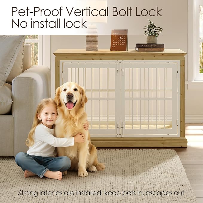 Dog Crate Furniture for Dogs - 42inch Large Dog Crate Sideboard and TV Stand, Solid Wood Chew-Proof and Silent Latches Design for Large and Medium Dogs, Wood Dog Kennel-(White+Natural)