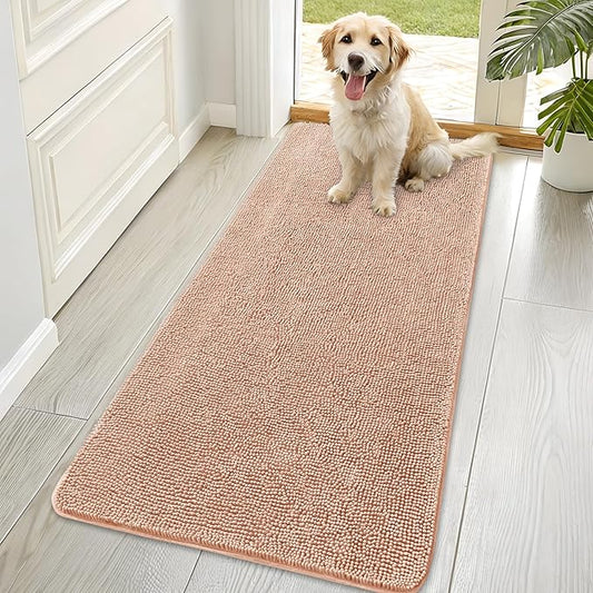 OLANLY Dog Door Mat for Muddy Paws 70x35, Absorbs Moisture and Dirt, Absorbent Non-Slip Washable Doormat, Quick Dry Chenille Mud Mat for Dogs, Entry Indoor Entryway Carpet for Inside Floor, Peach