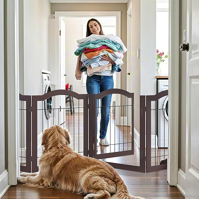 Vantas Folding No-Assembly Dog Door Pet Gate 96" Wide, 30" Tall Wooden Dog Gate with Door Walk Through, Freestanding Wire Pet Gate, Pet Puppy Safety Fence, with 2PCS Support – Espresso