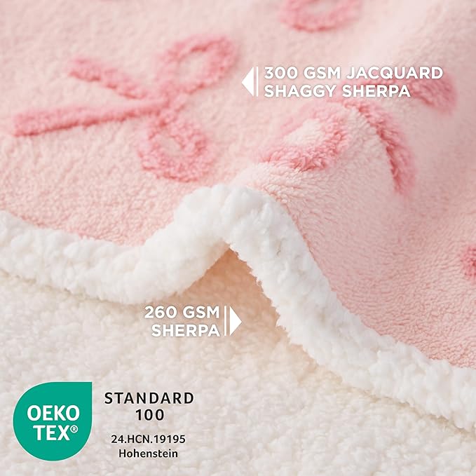 Lesure Waterproof Puppy Blanket for Small Dogs - Washable Double Sided Dog Blankets with Warm Jacquard Shag and Soft Sherpa Fleece, Pet Cat Blanket for Couch Protection, Bow Design，Pink Taffy