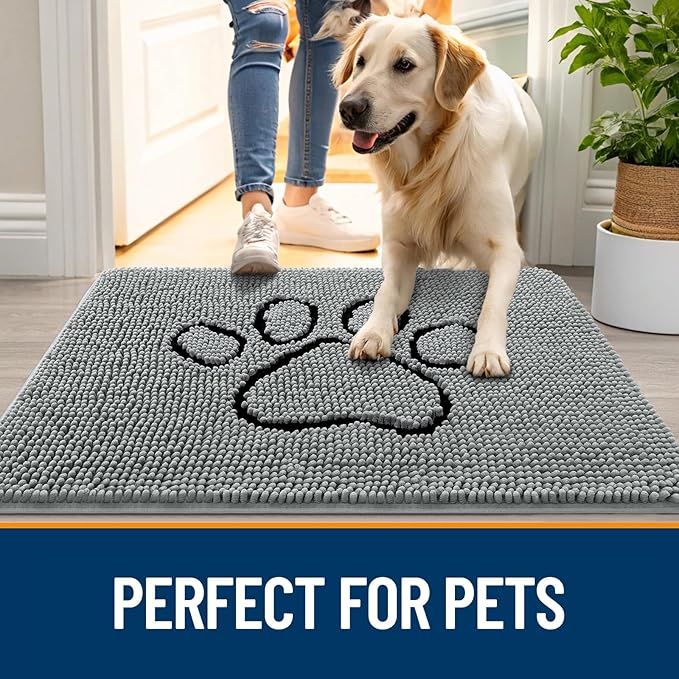 OLANLY Dog Door Mat for Muddy Paws 30x20, Paw Print Design, Absorbs Moisture and Dirt, Absorbent Non-Slip Washable Doormat, Quick Dry Chenille Mud Mat for Dogs, Entry Indoor Entryway Carpet, Grey
