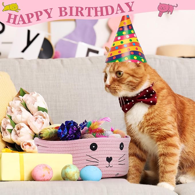 Zopeal 58 Pcs Cat Storage Basket Gift Toys Set, Colorful Flashing Balls Pet Bell Crinkle Balls Spring Toys Attract Cat to Swat, Bite, Hunt, Interactive for Pet(Pink,9.8 Inch)