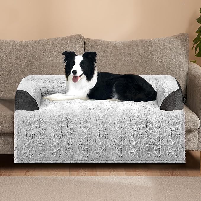 Calming Large Dog Bed for Couch – 41"x37" Washable Non-Slip Plush Sofa Protector for Dogs, Removable Cover, Soft Furniture Mat in Grey