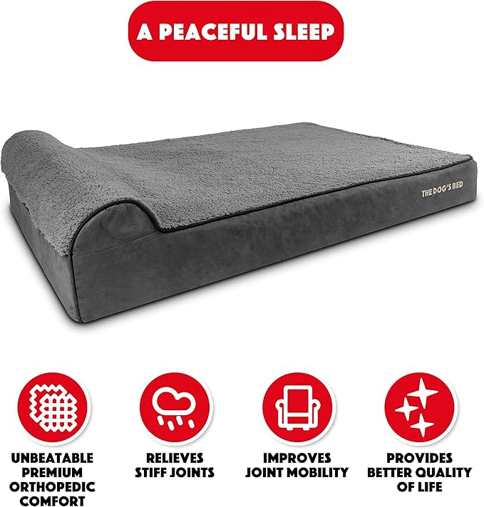 The Dog’s Bed Orthopedic Headrest Dog Bed XXL Grey Plush, Memory Foam, Pain Relief for Arthritis, Hip & Elbow Dysplasia, Post Surgery, Lameness, Waterproof Washable Cover