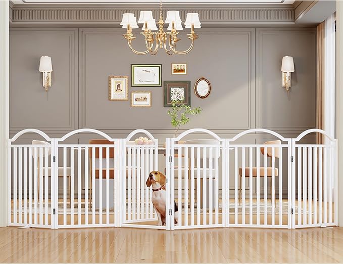 UDD Dog Gate Indoor 144" Extra Wide, 32" Tall Foldable Pet Gate with Door for Stairs Doorways Hallways Porch, Freestanding No Drilling Metal Pet Fence for Dogs Puppy, White 6-Panel
