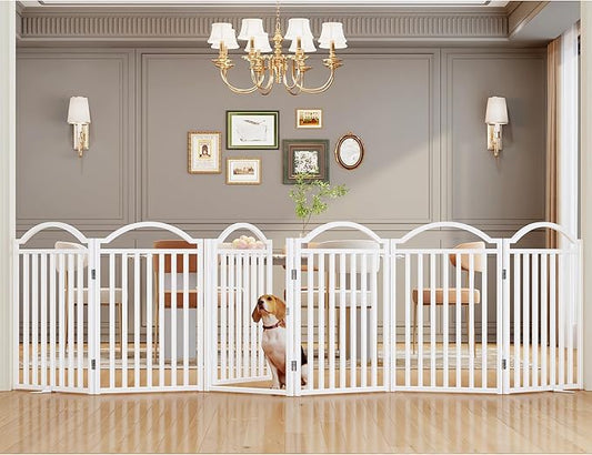 UDD Dog Gate Indoor 144" Extra Wide, 32" Tall Foldable Pet Gate with Door for Stairs Doorways Hallways Porch, Freestanding No Drilling Metal Pet Fence for Dogs Puppy, White 6-Panel