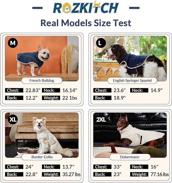 ROZKITCH Reversible Dog Coats for Large Dogs, Windproof Turtleneck Dog Vest Fleece Sherpa Sweater with Embroidery, Adjustable Double-Sided Plush Sweatshirt for Medium Large Breeds DarkBlue 2XL