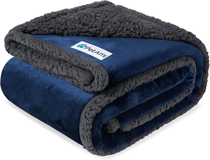 PetAmi Waterproof Dog Blanket for Medium Large XL Dog Puppy Cat Throw for Couch Cover Leakproof Protection, Sherpa Fleece, Reversible Soft Washable 80x60 Navy Gray