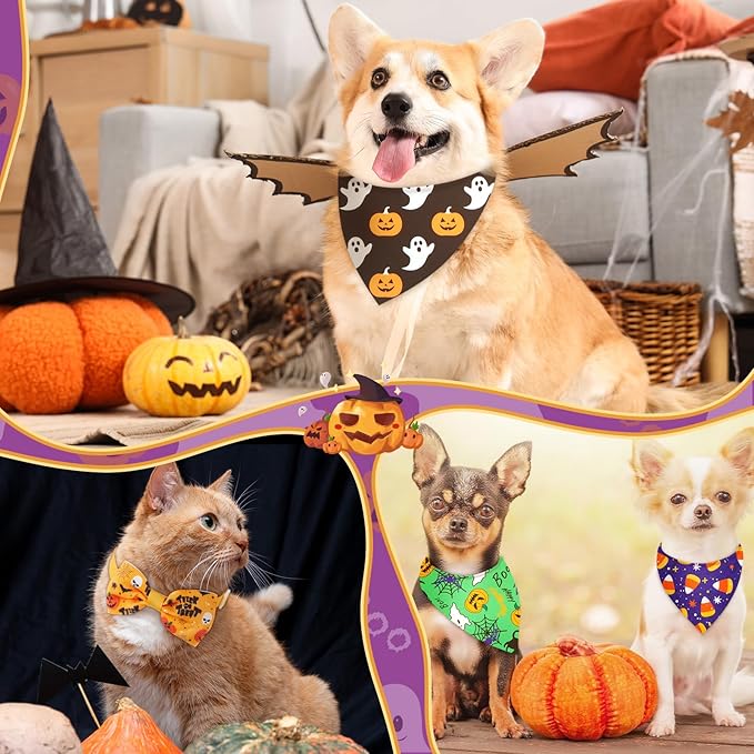 Sanwuta 50 Pcs Halloween Dog Bandanas and Collar Bow Ties Set 25 Bandanas Bulk 25 Charm Dog Collar Pet Pumpkin Triangle Pet Scarf Bowtie for Small Medium Large