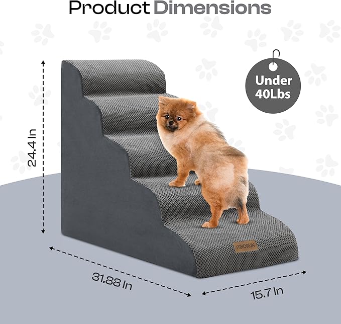 Dog Stairs for High Beds Up to 26", Extra-Tall 24.5" 5-Step Foam Pet Ramp with Washable Cover, Gentle Slope Steps, Bed & Couch Ladder for Small Medium Dogs & Senior Cat, Puppy Climbing Stairs