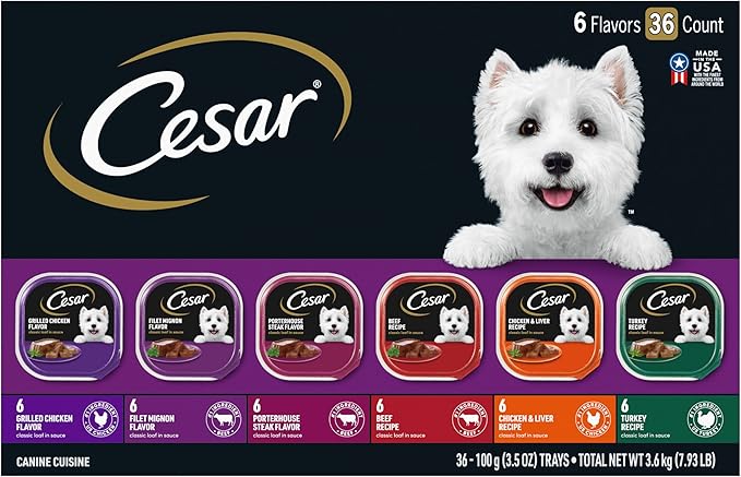 Cesar Wet Dog Food Classic Loaf in Sauce Grilled Chicken, Filet Mignon, Porterhouse Steak, Beef, Chicken & Liver and Turkey Variety Pack 3.5 oz. Easy Peel Trays (36 Count, Pack of 1)