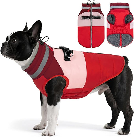 Dog Coat, Waterproof Dog Winter Coats for Small Dogs, Reflective Dogs Jacket with Harness Built in, Zip-up Cold Weather Coats Pet Vest Turtleneck Doggy Snowsuit, Red Medium
