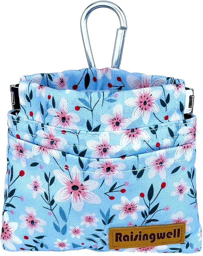 Dog Treat Pouch, Small Cotton Pocket Sized Training Holder, Hand Free Walking Fanny Bag with Carabiner, Self-Closing Pet Feed Snack Reward, Behavior Aids for Puppy Travel or Outdoor Use